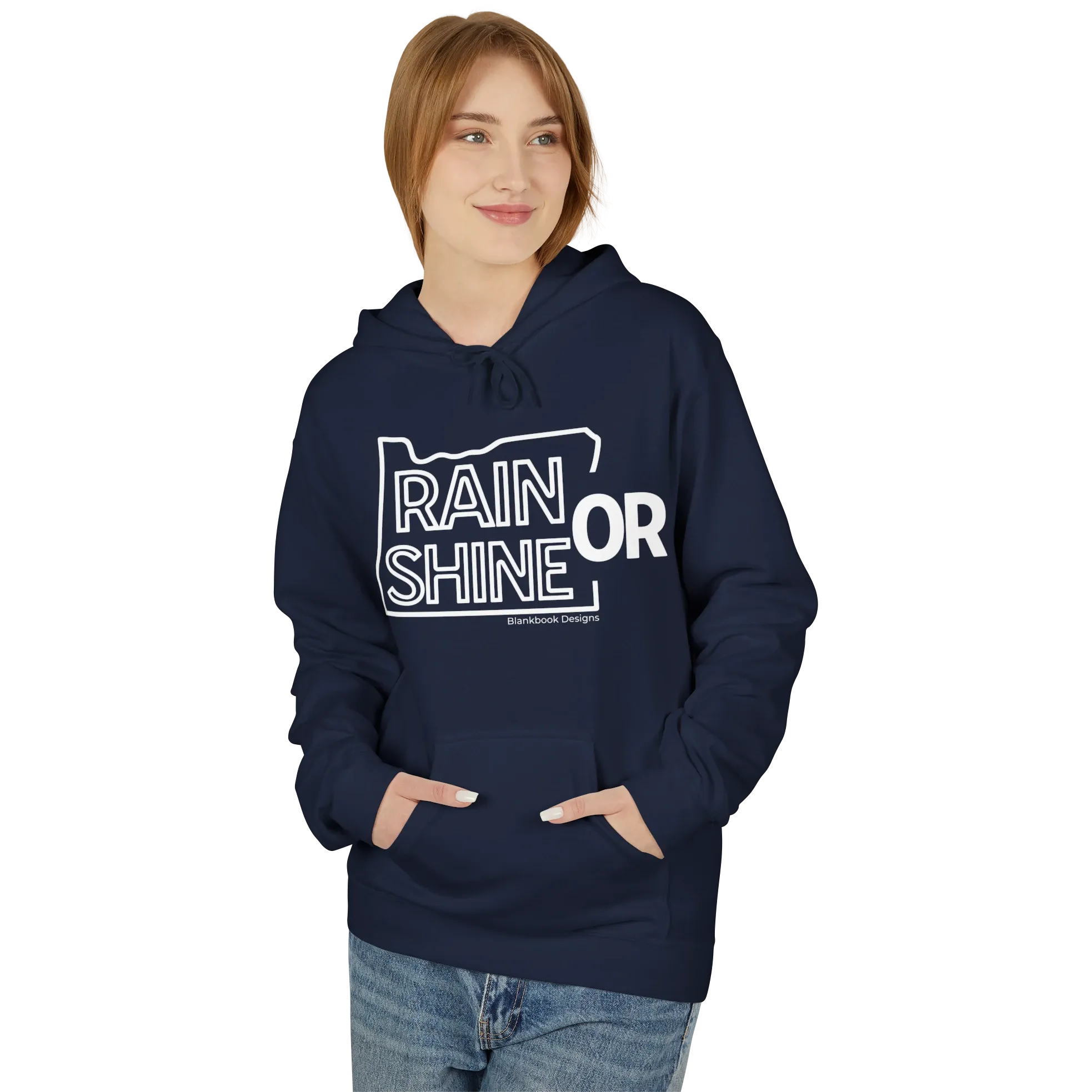 Rain or Shine Hoodie, White Print, Navy, image 2 of 3