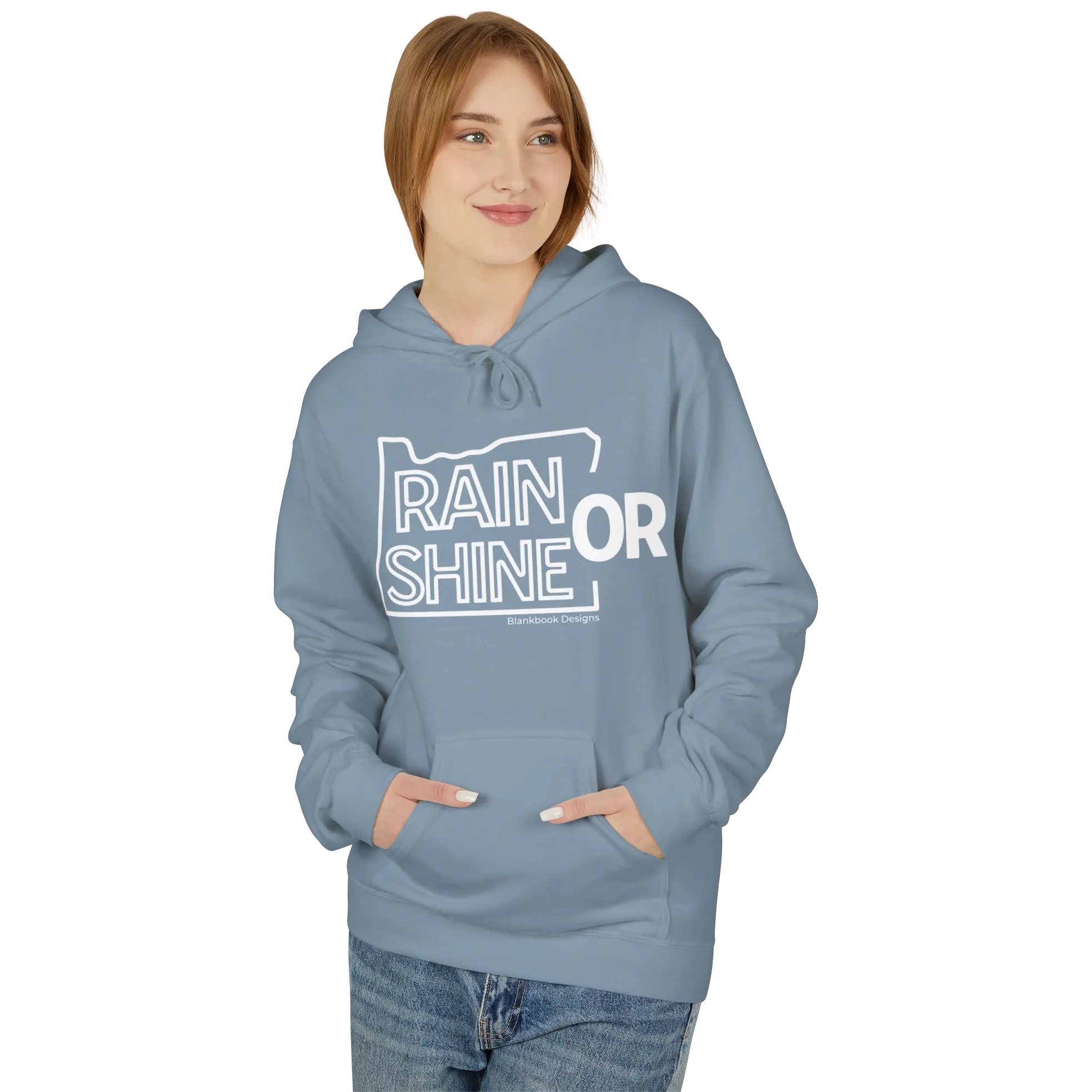 Rain or Shine Hoodie, White Print, Stone Blue, image 2 of 2