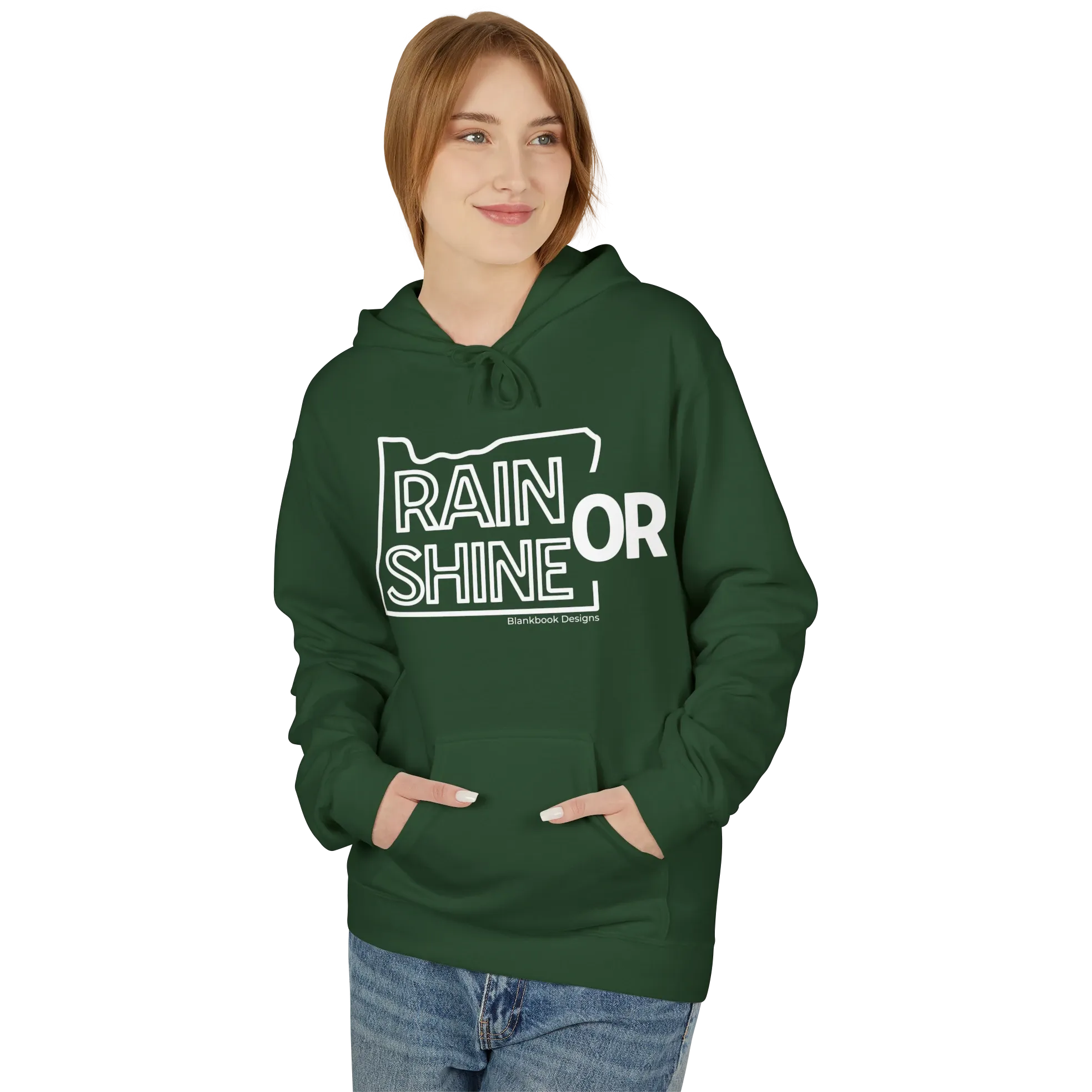 Rain or Shine Hoodie, White Print, Forest Green, image 2 of 3