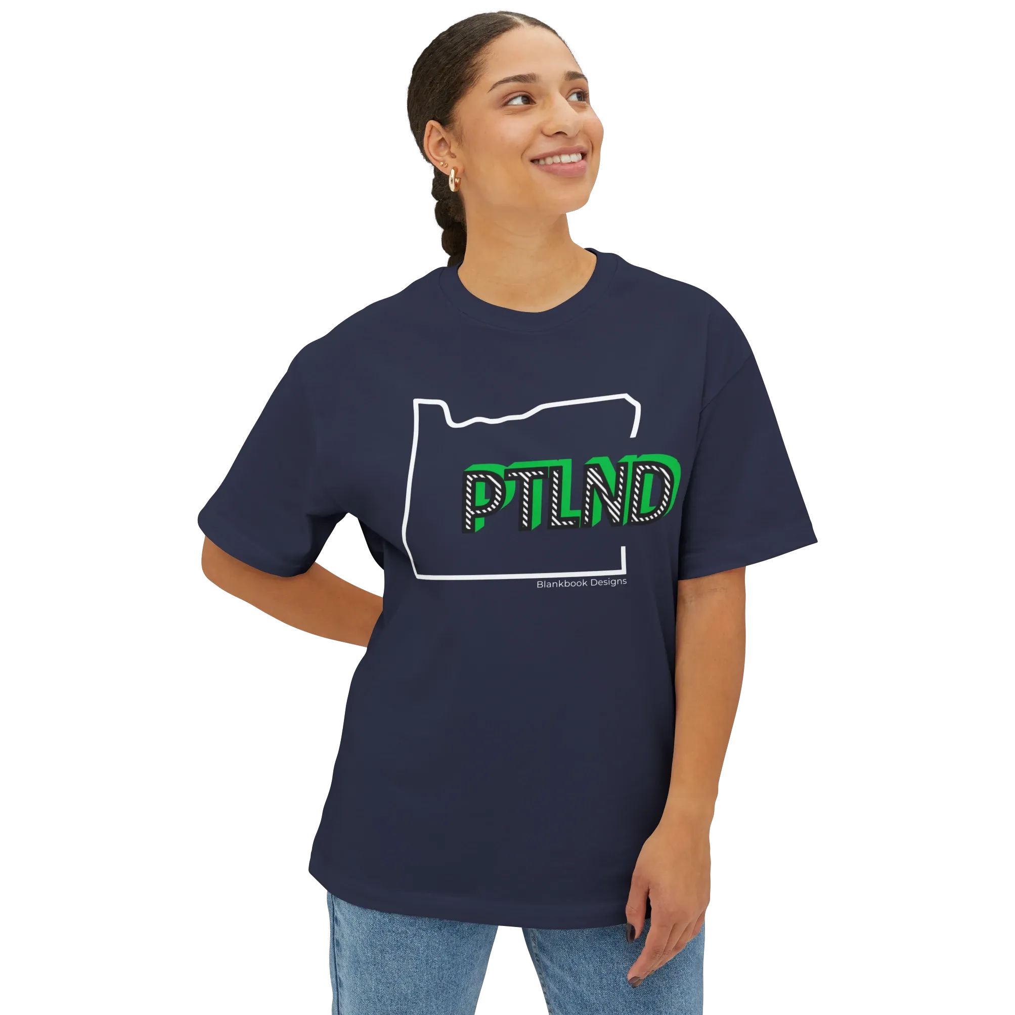 PTLND Tee, White and Green, Navy, image 2 of 7